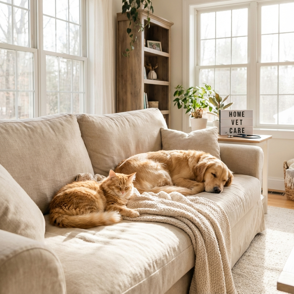 Pets relaxados no sofá