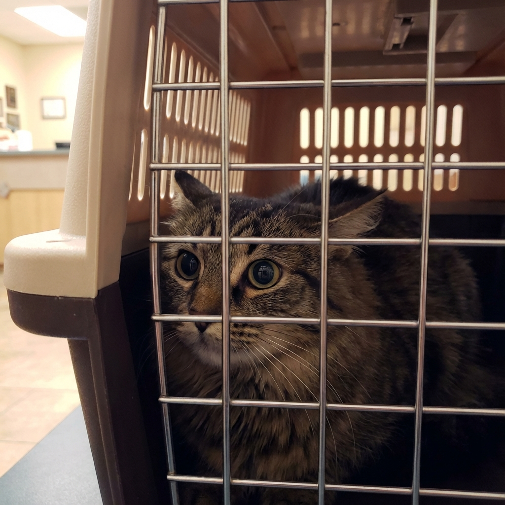 Gato estressado na caixa de transporte